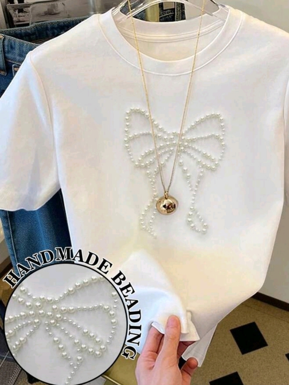 White Tee with Pearl Bow Detail
